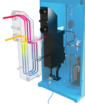 The ALU-DRY aluminum heat exchanger module has a vertical flow layout, ensuring the wet compressed air flows down and moisture is pulled by gravity to the automatic drain. The design of this heat exchanger can handle much higher temperatures than most competitive designs.